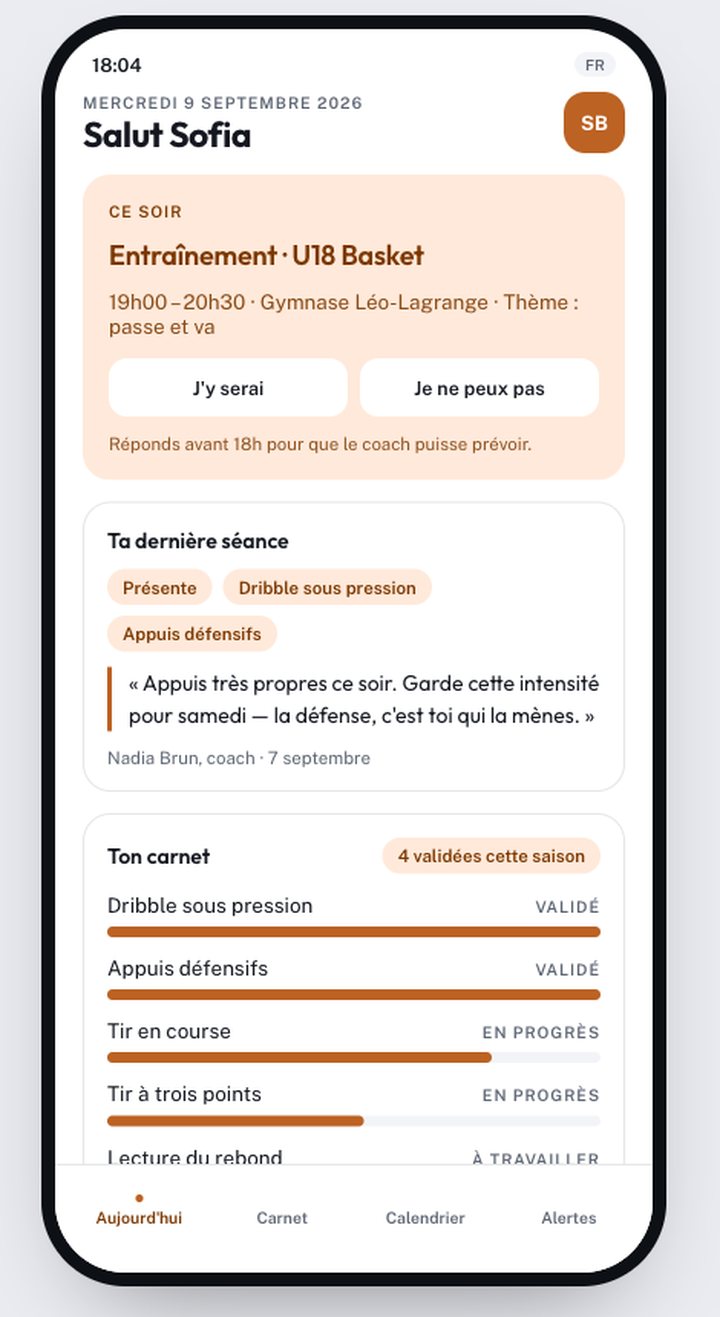 Vue athlète — convocation, mot du coach, carnet